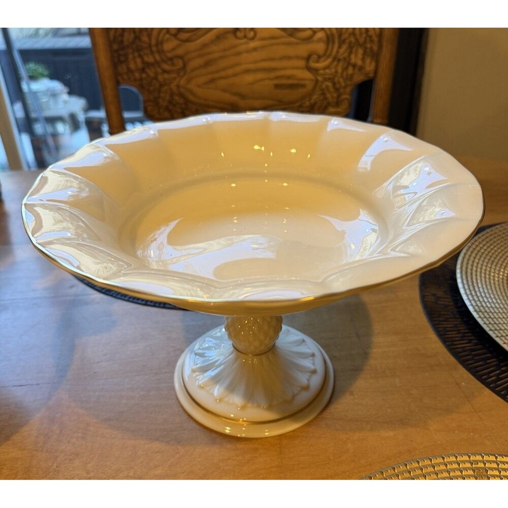 Vintage Lenox White Grand Pedestal Centerpiece Bowl Large 7" High 24k Gold Trim